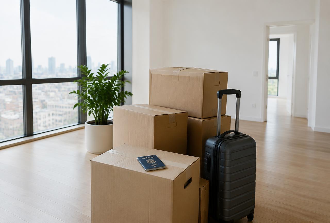 Moving boxes and a suitcase in an empty apartment