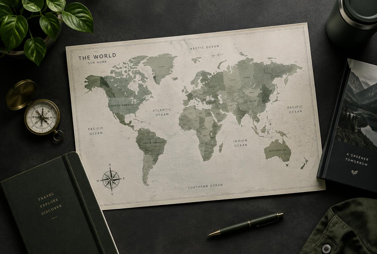 A world map with a compass and notebook on a desk