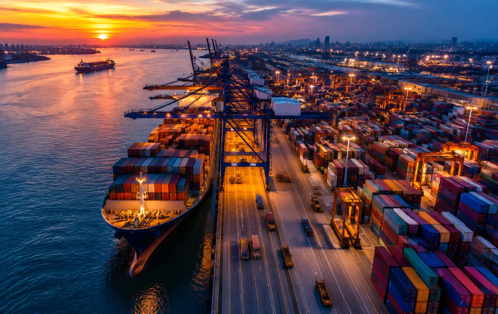 Container port at dusk representing global trade