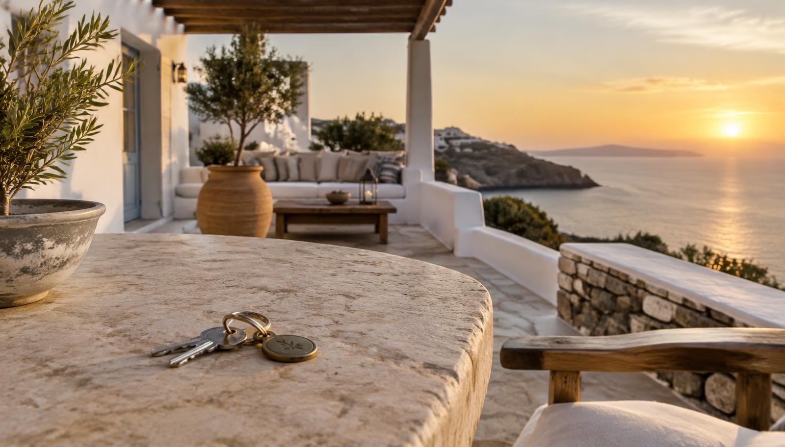 Keys on a terrace table overlooking the sea at sunset