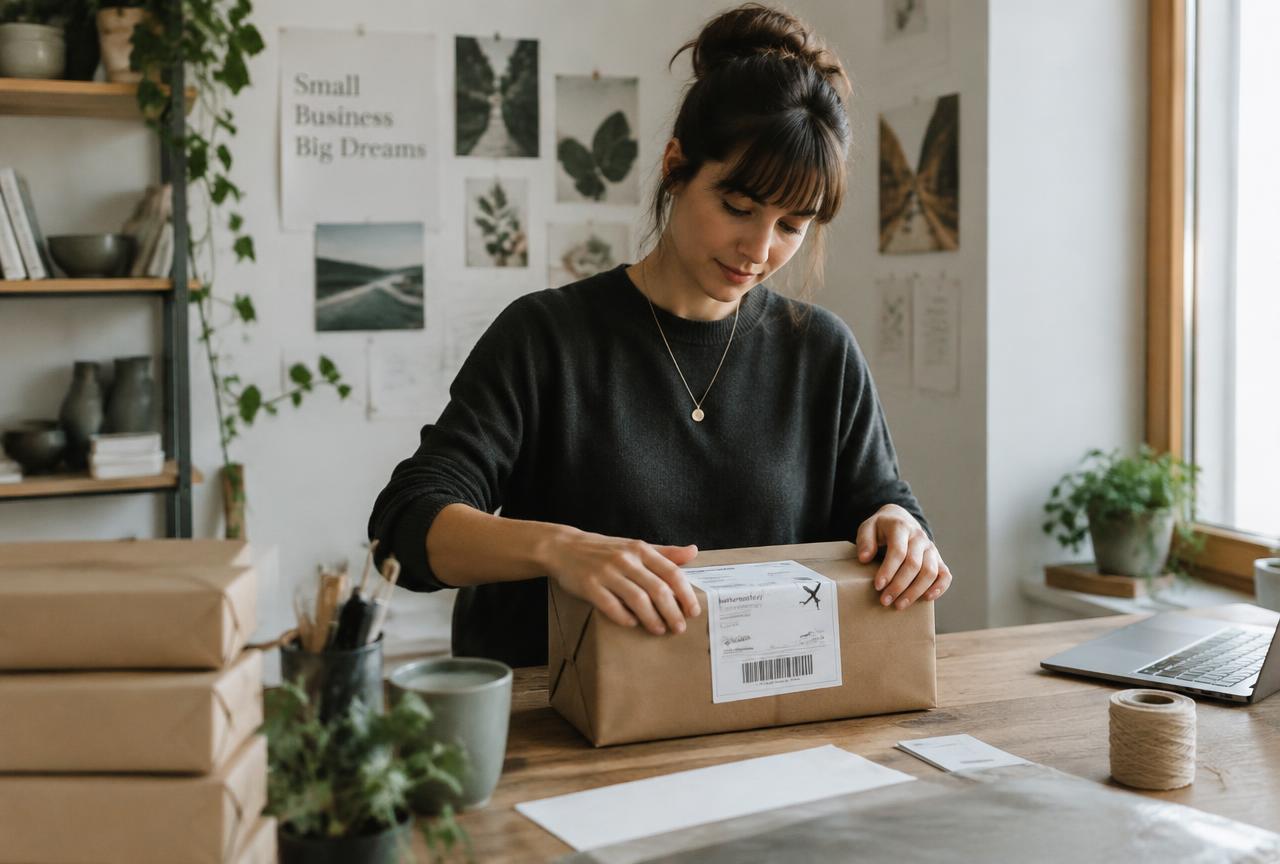 A small business owner packing an order for an overseas customer