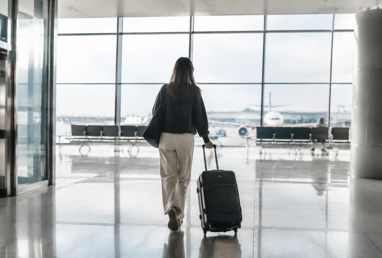 A traveller walking through an airport arrivals hall
