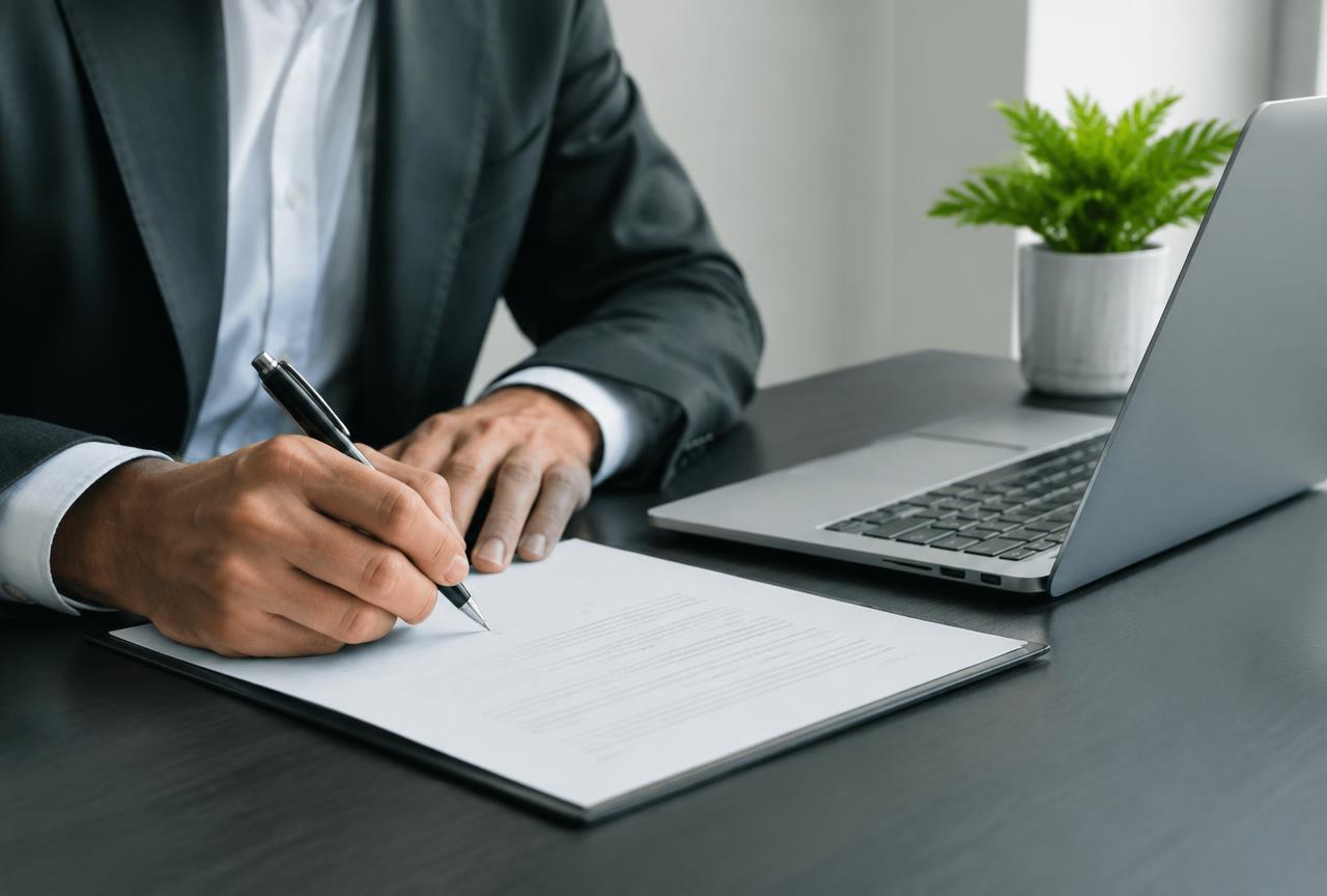 A finance manager signing paperwork at a desk