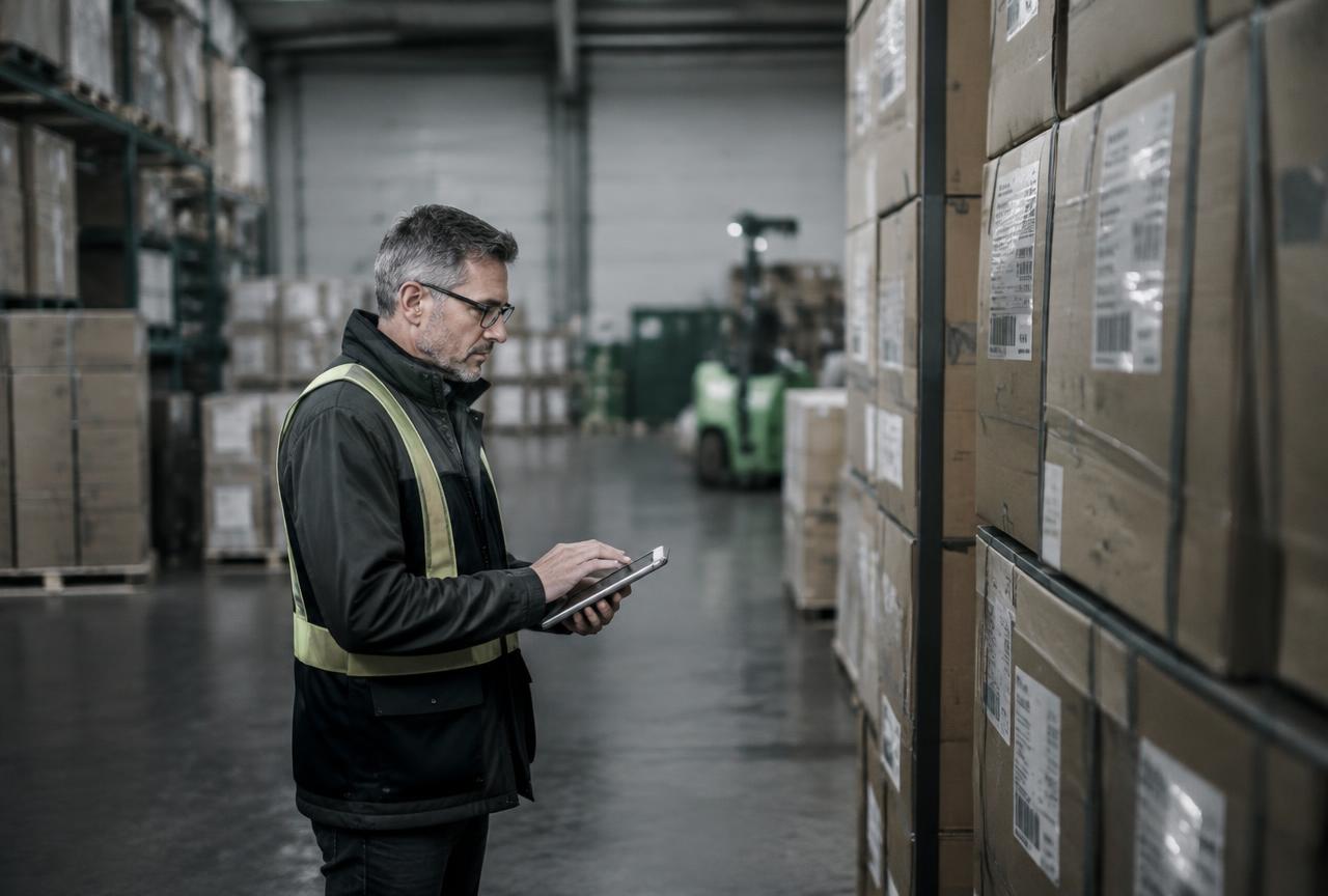A warehouse manager checking stock with a tablet